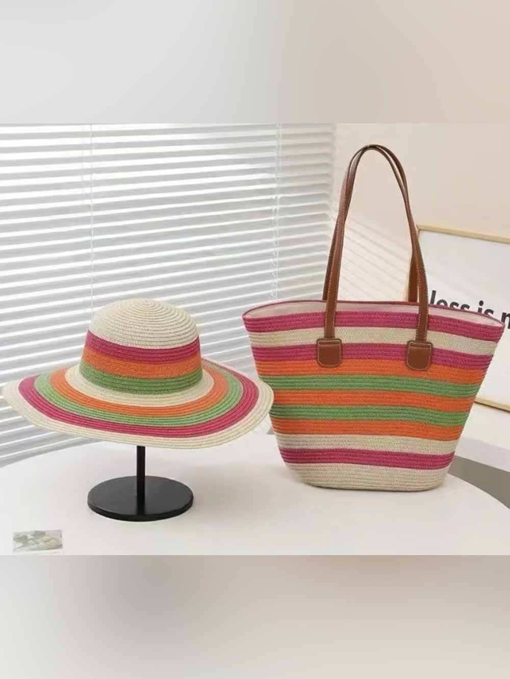 Beach Hat & Bag: Colorful Striped Straw Tote & Wide-Brim Sun Hat